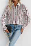 Casual Stripe Buttons Patchwork Hot Drill Contrast Turndown Collar Tops