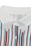 Casual Stripe Buttons Patchwork Hot Drill Contrast Turndown Collar Tops