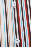 Casual Stripe Buttons Patchwork Hot Drill Contrast Turndown Collar Tops