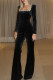 Sexy Solid Color Zipper Rhinestone Decor Velvet Square Neck Regular Jumpsuits