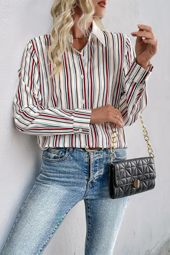 Casual Stripe Buttons Patchwork Hot Drill Contrast Turndown Collar Tops