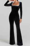 Sexy Solid Color Zipper Rhinestone Decor Velvet Square Neck Regular Jumpsuits