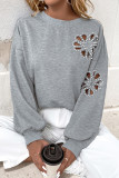 Casual Solid Color Hollow Out Pearls Decor O Neck Tops