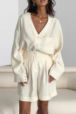 Casual Solid Color Pocket Buttons Ruched V Neck Long Sleeve Two Pieces