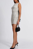 Sexy Solid Color Sequins Lace Up Backless O Neck Wrapped Skirt Dresses(Mainly in kind)
