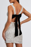 Sexy Solid Color Sequins Lace Up Backless O Neck Wrapped Skirt Dresses(Mainly in kind)
