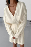 Casual Solid Color Pocket Buttons Ruched V Neck Long Sleeve Two Pieces