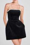 Sexy Celebrities Solid Color Pocket Rhinestone Decor Velvet Sling Dresses