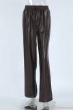 Casual Daily Solid Color Pocket Lace Up Loose High Waist Straight Solid Color Bottoms