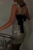 Sexy Solid Color Sequins Lace Up Backless O Neck Wrapped Skirt Dresses(Mainly in kind)