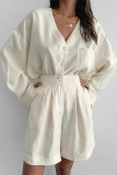 Casual Solid Color Pocket Buttons Ruched V Neck Long Sleeve Two Pieces