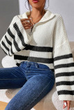 Casual Daily Stripe Zipper Weave Contrast Turndown Collar Tops