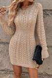 Casual Solid Color Patchwork Texture O Neck Wrapped Skirt Dresses