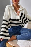 Casual Daily Stripe Zipper Weave Contrast Turndown Collar Tops