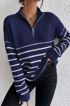 Casual Daily Stripe Patchwork Zipper Turndown Collar Tops