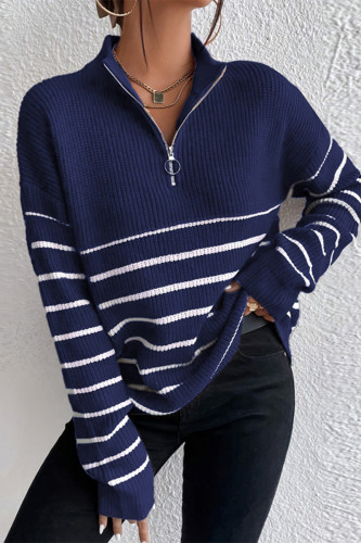 Casual Daily Stripe Patchwork Zipper Turndown Collar Tops