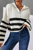 Casual Daily Stripe Zipper Weave Contrast Turndown Collar Tops