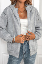 Casual Daily Solid Color Rivets Draw String Pocket Zipper Hooded Tops