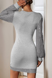 Casual Daily Solid Color Sequins Patchwork Sequined O Neck Wrapped Skirt Dresses