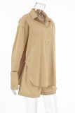 Casual Daily Solid Color Pocket Buttons Slit Turndown Collar Long Sleeve Two Pieces
