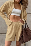 Casual Daily Solid Color Pocket Buttons Slit Turndown Collar Long Sleeve Two Pieces