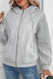 Casual Daily Solid Color Rivets Draw String Pocket Zipper Hooded Tops