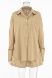 Casual Daily Solid Color Pocket Buttons Slit Turndown Collar Long Sleeve Two Pieces
