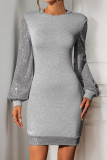 Casual Daily Solid Color Sequins Patchwork Sequined O Neck Wrapped Skirt Dresses