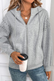 Casual Daily Solid Color Rivets Draw String Pocket Zipper Hooded Tops