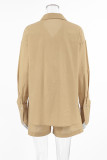 Casual Daily Solid Color Pocket Buttons Slit Turndown Collar Long Sleeve Two Pieces