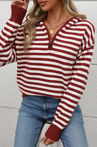 Casual Stripe Zipper Weave Contrast Hooded Tops