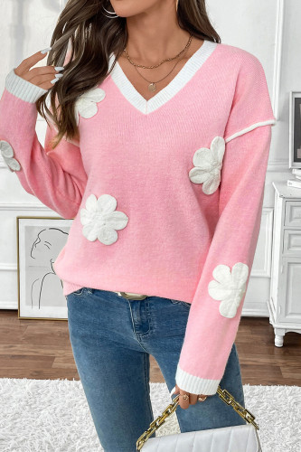 Casual Flowers Patchwork Contrast V Neck Tops