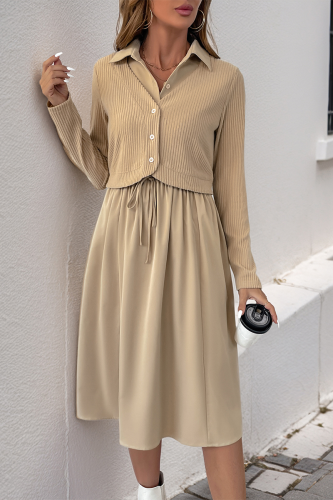 Casual Solid Color Lace Up Buttons Turndown Collar A Line Dresses