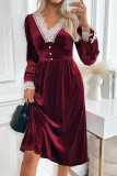 Daily Elegant Solid Color Lace Buttons V Neck A Line Dresses