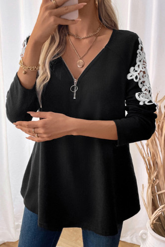 Casual Daily Solid Color Lace Zipper V Neck Tops