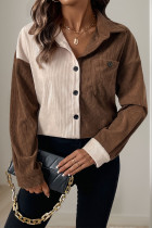 Casual Solid Color Pocket Patchwork Contrast Turndown Collar Tops