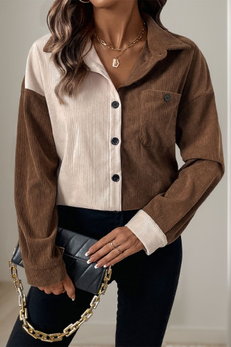 Casual Solid Color Pocket Patchwork Contrast Turndown Collar Tops