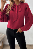 Daily Elegant Solid Color Bow Decor Pleated Tie Neck Tops