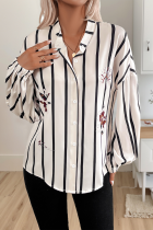 Casual Stripe Buttons Contrast Mandarin Collar Tops