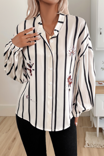 Casual Stripe Buttons Contrast Mandarin Collar Tops