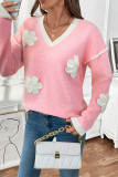 Casual Flowers Patchwork Contrast V Neck Tops