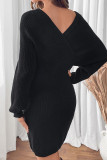 Elegant Solid Color Patchwork V Neck Wrapped Skirt Dresses