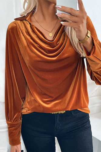 Casual Solid Color Ruched Velvet U Neck Tops