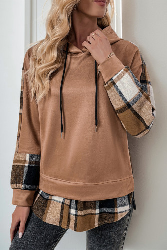 Casual Plaid Draw String Contrast Hooded Tops