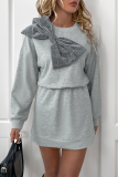 Casual Bow Patchwork O Neck Long Sleeve Dresses