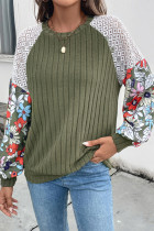 Casual Daily Floral Print Patchwork Contrast Potholes O Neck Tops