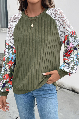 Casual Daily Floral Print Patchwork Contrast Potholes O Neck Tops