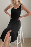 Elegant Solid Color Buttons Slit Potholes V Neck Sleeveless Two Pieces