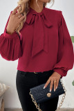 Daily Elegant Solid Color Bow Decor Pleated Tie Neck Tops