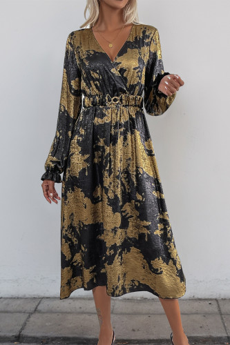 Elegant Bronzing Pattern With Belt V Neck A Line Dresses